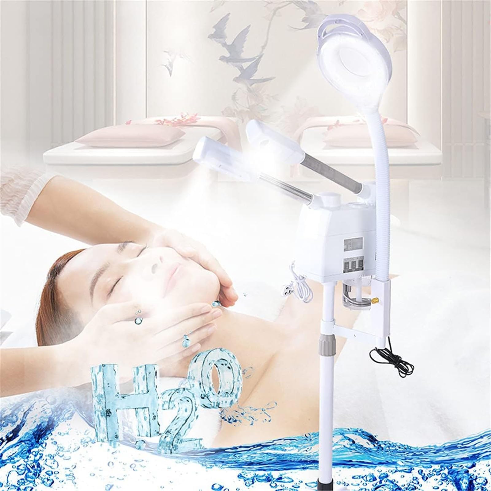 Profesjonalny parowar do twarzy 3 w 1 z 8-krotną lampą powiększającą – regulowana wysokość wyposażenie salonu spa na 4 rolkach