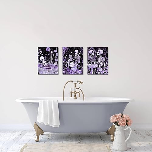 Miniatura 5 de FuShvre Decoración de esqueleto para baño, cuadros artísticos de pared de esqueleto Moody para baño, pintura gótica para decoración del hogar,