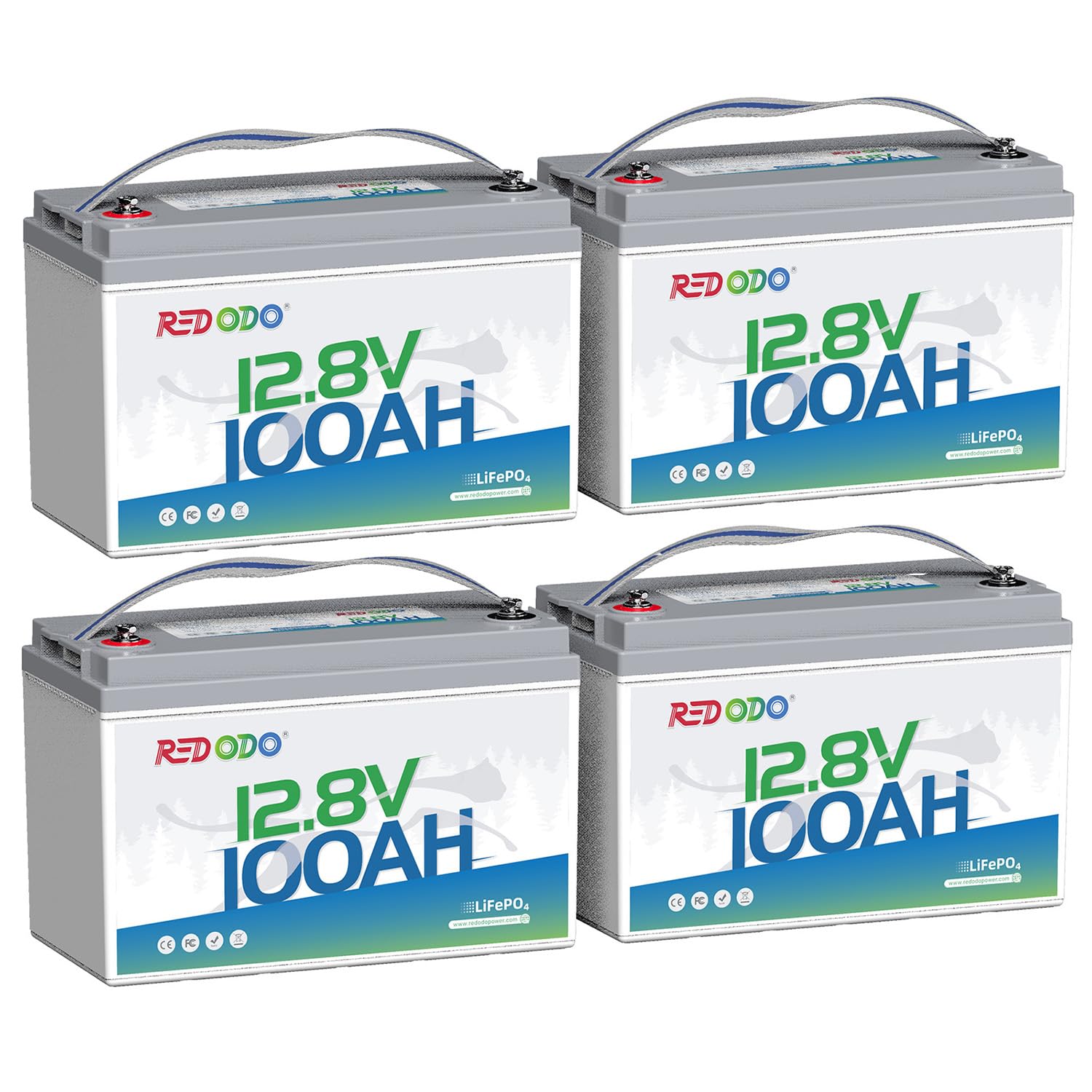 Redodo Zestaw 4 baterii LiFePO4 12 V 100 Ah, 1280 Wh na baterię (łącznie 5120 Wh), 100 A BMS, 15000 cykli, 10 lat, idealne do samochodów kempingowych, Off Grid, Marine i łodzi