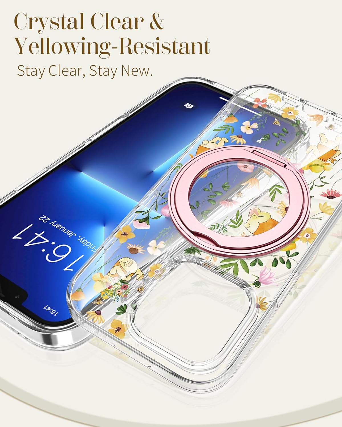 Loheckle for iPhone 13 Pro Case with Stand- Compatible with MagSafe Women Girls Cute Clear Girly Aesthetic Unique Design Soft TPU Magnetic Ring Phone Cover for Apple 13 Pro, Flower Bear - Image 5