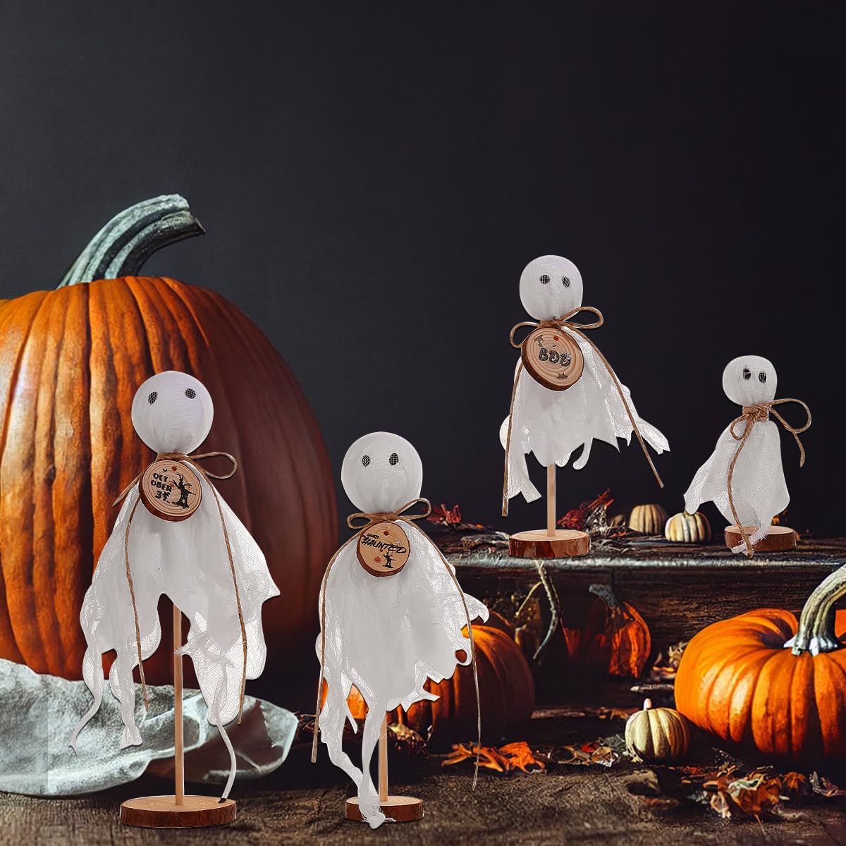 5-teiliges Halloween-Geister Set – Mit Holzständern & LED-Kerzen, Handbemalt, Baumwolle/Seihtuch