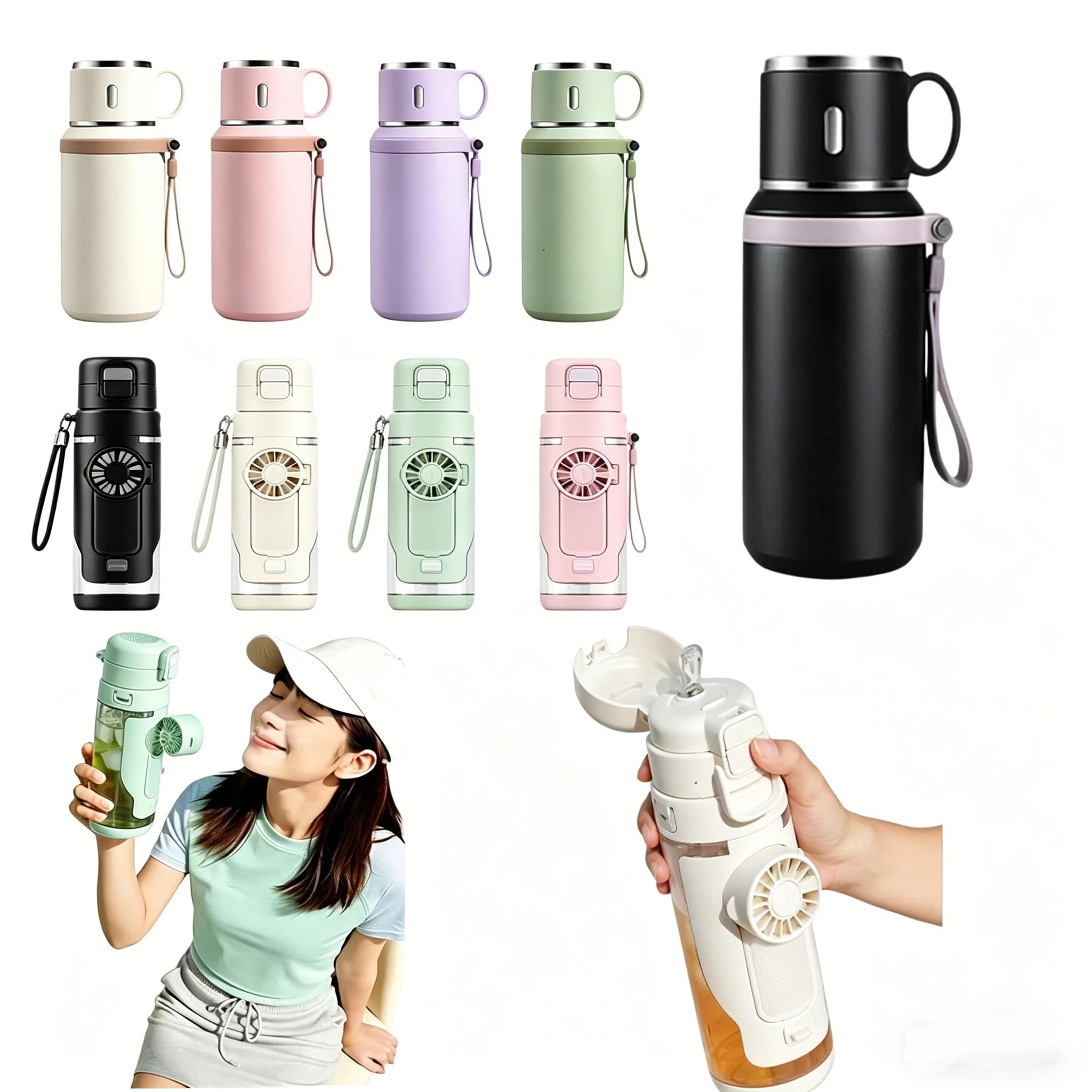 Borraccia termica con ventola integrata, tazza di raffreddamento portatile 2 in 1, design termico in acciaio inox, per viaggi e sport all'aria aperta, con cordino incluso