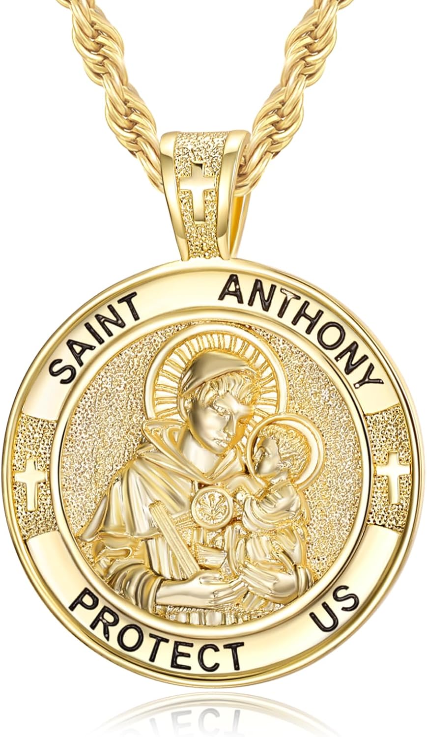 Patron Saint Medals, 14K Gold Protection Jewelry, Christmas Catholic Christian Religious Gifts for Men with 22"+2" Rope Chain