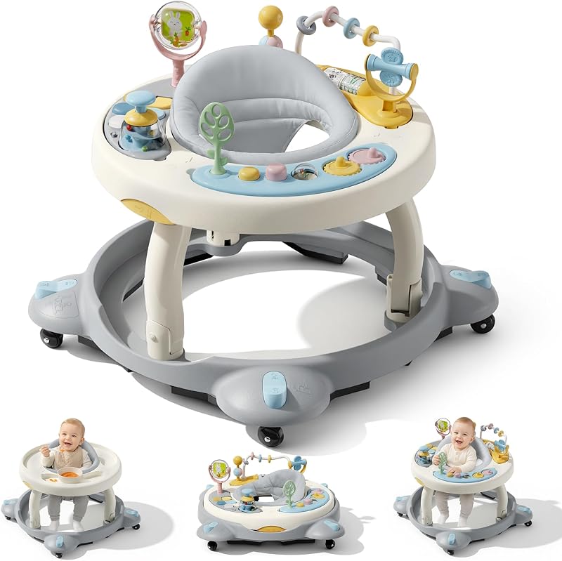 Andador para bebés con ruedas, andador plegable para bebés de 6 a 12 meses, asiento giratorio de 3 posiciones con centro de actividades interactivo, botones musicales, andadores para niños y niñas(gris)