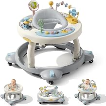 Baby Walker with Wheels, Foldable Baby Walker for Baby 6-12 Months, 3-Position Rotating Seat with Interactive Activity Center, Music Buttons, Baby Walkers for Boys GirlsGrey