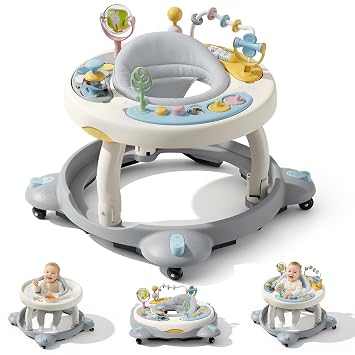 Baby Walker with Wheels, Foldable Baby Walker for Baby 6-12 Months, 3-Position Rotating Seat with Interactive Activity Center, Music Buttons, Baby Walkers for Boys GirlsGrey