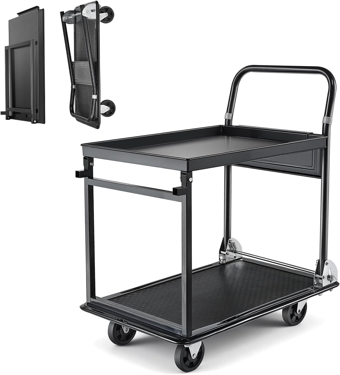 VEVOR Heavy Duty 2 Tier Foldable Platform Hand Truck, 700 lbs Push Tool Cart with High-Strength Steel, Folding Utility Cart for Warehouse, Garage, Wor