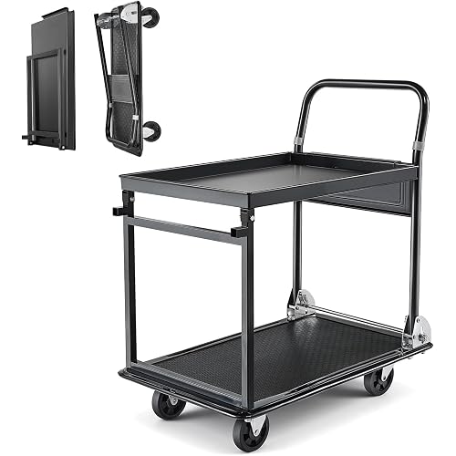 VEVOR Heavy Duty 2 Tier Platform Hand Truck, 700 lbs 2 Tier Push Tool Cart with High-Strength Steel, Utility Cart for Warehouse, Garage, Workshop, Office