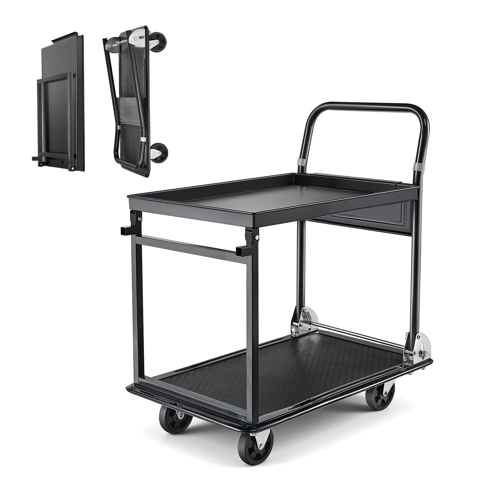 VEVOR Carrello Pieghevole 2 Ripiani per Trasporto Pacchi Merci per Magazzino Carico max. 317,51 kg, Carrello con Piattaforma con Ruote a Pianale da 2 Ripiani, per Garage, Officina, Logistica