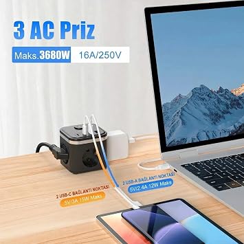 3680W Pro Power 2xType-C ve 2x USB Girişli Anahtarlı 3lü Çoğaltıcı Küp 2mt Kablolu Priz