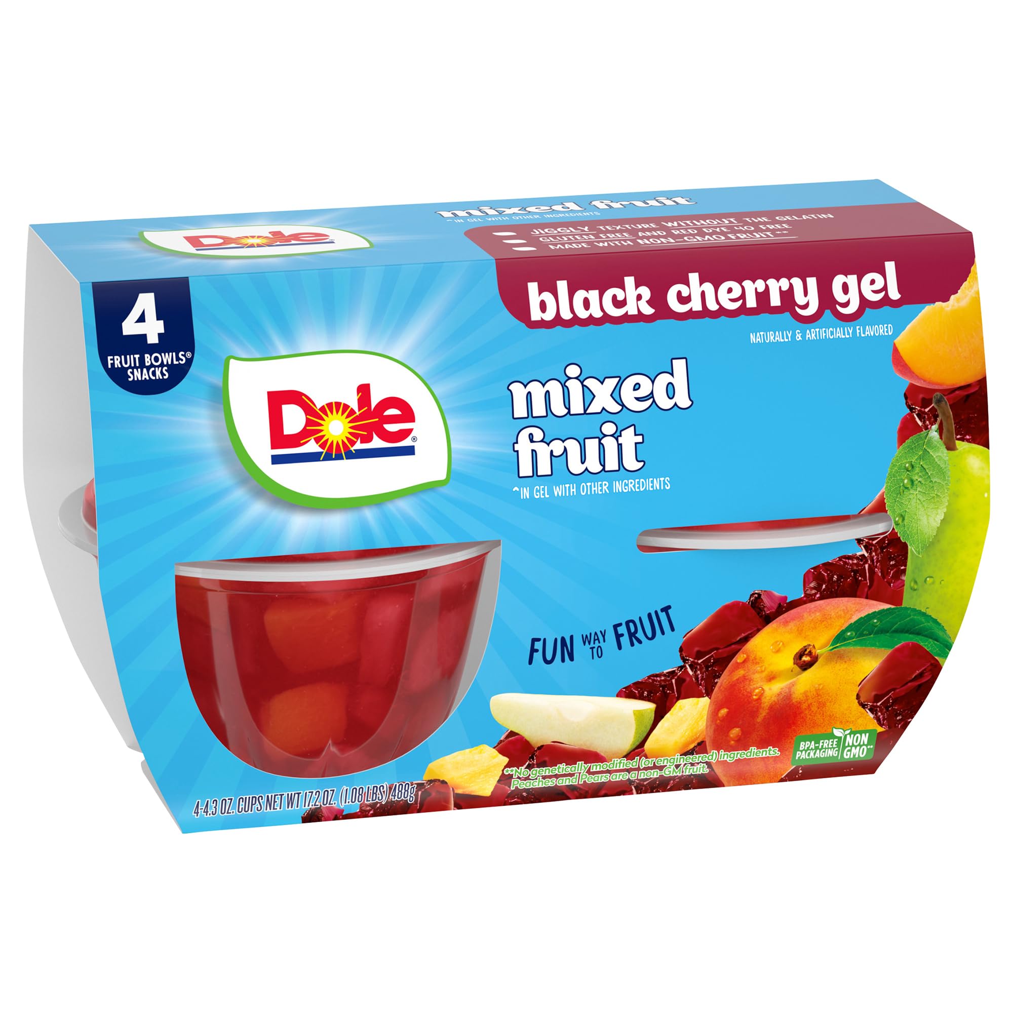 Dole Fruit Bowls Mixed Fruit in Black Cherry Flavored Gel Snacks, 4.3oz 4 Total Cups, Gluten & Dairy Free, Bulk Lunch Snacks for Kids & Adults