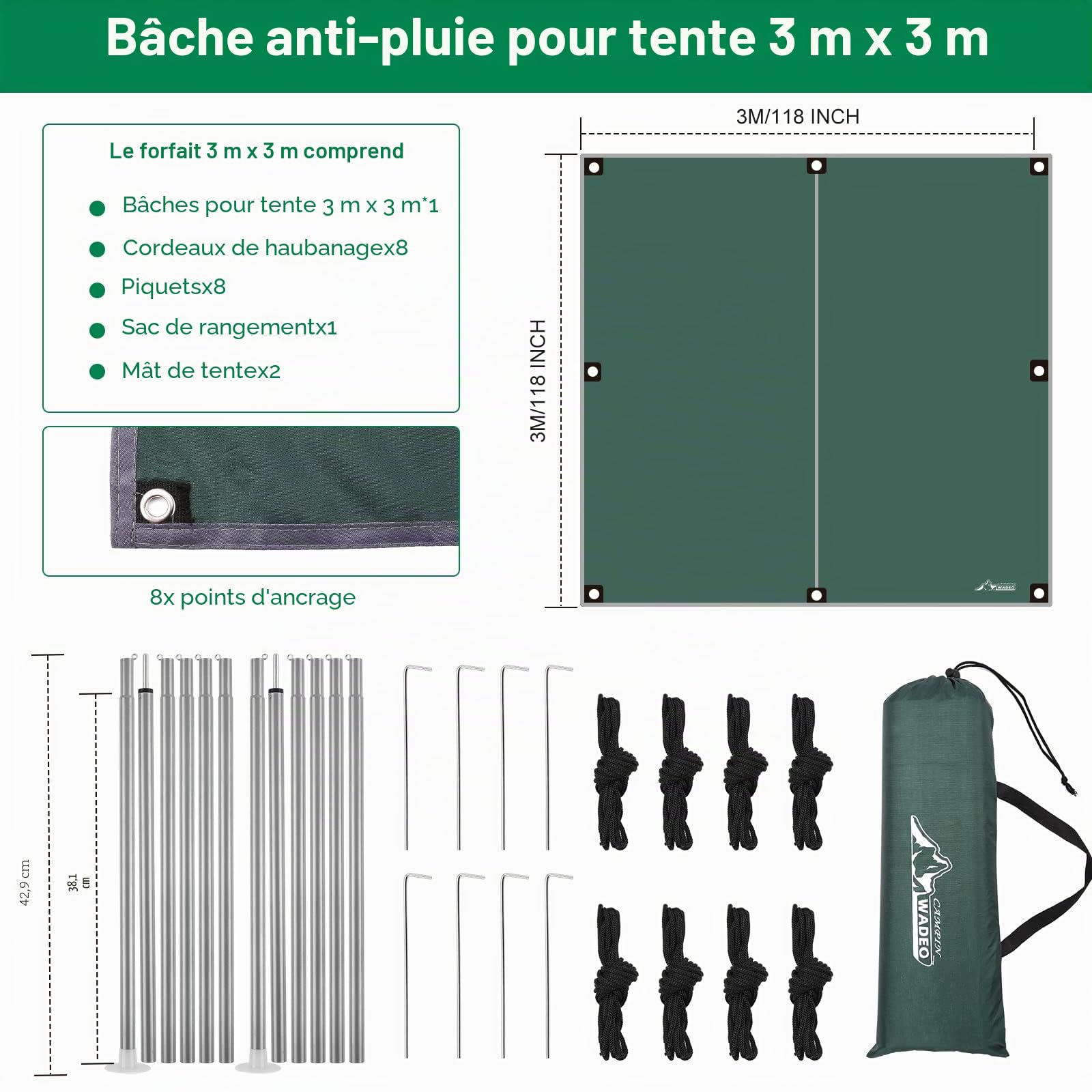 Bâche Anti-Pluie VOSOIR 3x3m Ou 3x4m – Camping Hamac – Imperméable UV – 0,9kg – Piquets Alu – Corde Incluse