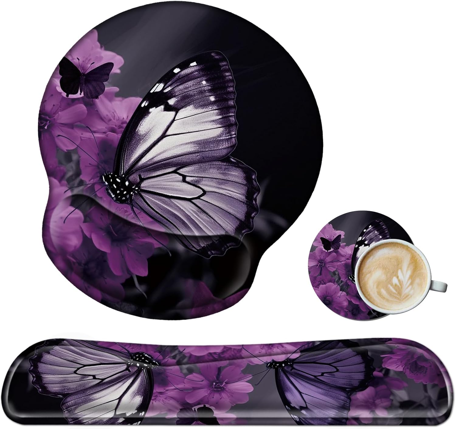 Keyboard Wrist Rest and Mouse Wrist Rest Pad Set, Made of Memory Foam with Non Slip Rubber Base Ergonomic Gel Wrist Rest for Computer Keyboard Gaming Office Working, with Purple Butterfly Coaster