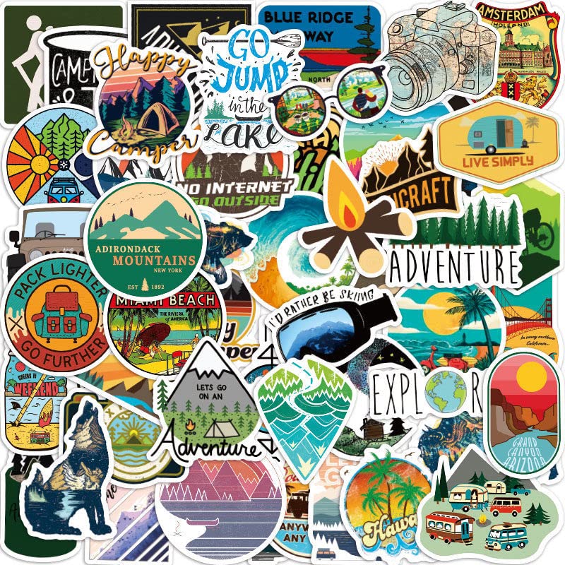 Maseihels 50pcs Camping Stickers Camping Stickers for Teens, Kids, Adults Waterproof Vinyl Stickers Cute Funny Stickers for Laptop Tablet Phone Hydroflasks Water Bottle Bike Luggage Computer