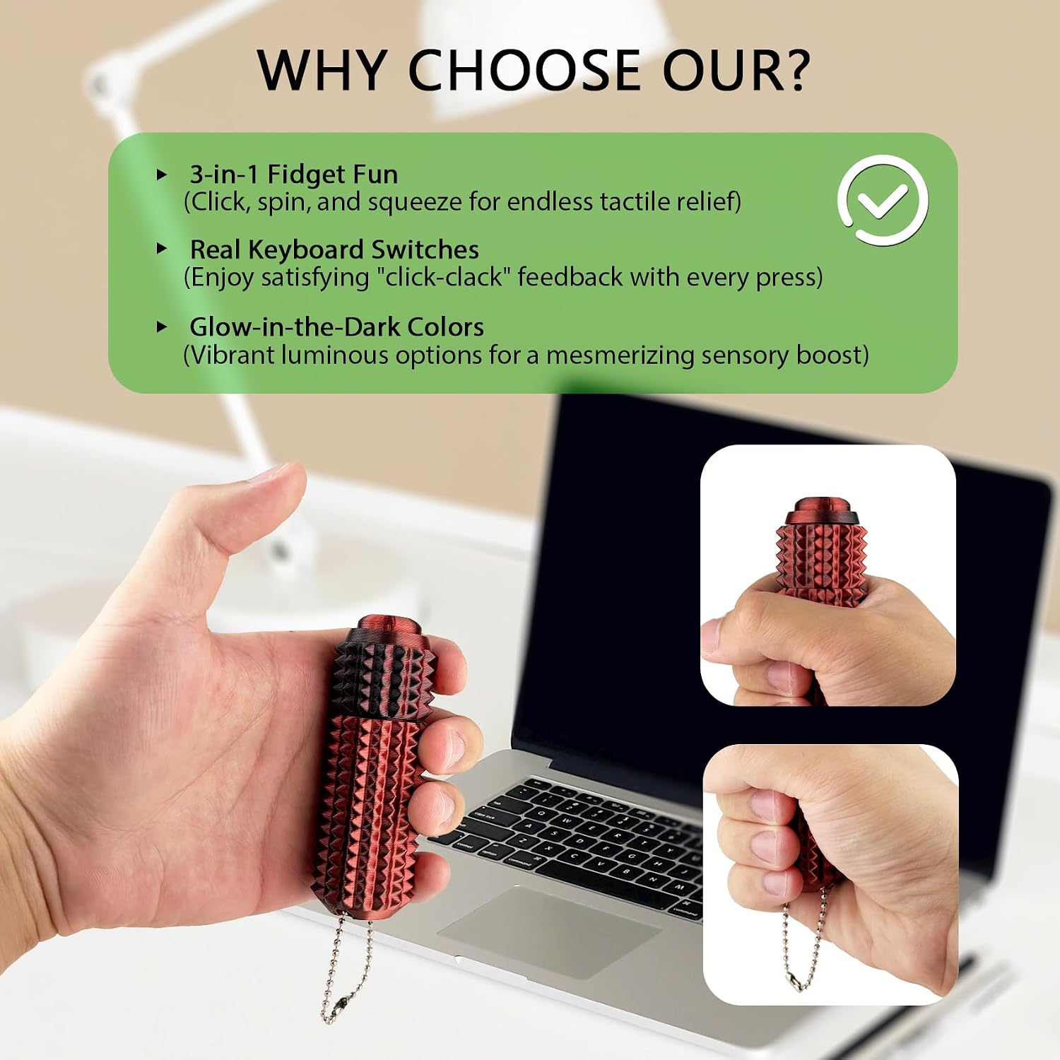 Button Click,Spinners,Pain Stim,3-in-1 Design of Little Ouchies Fidget Toy with Keychain,Spiky Toys for Adults