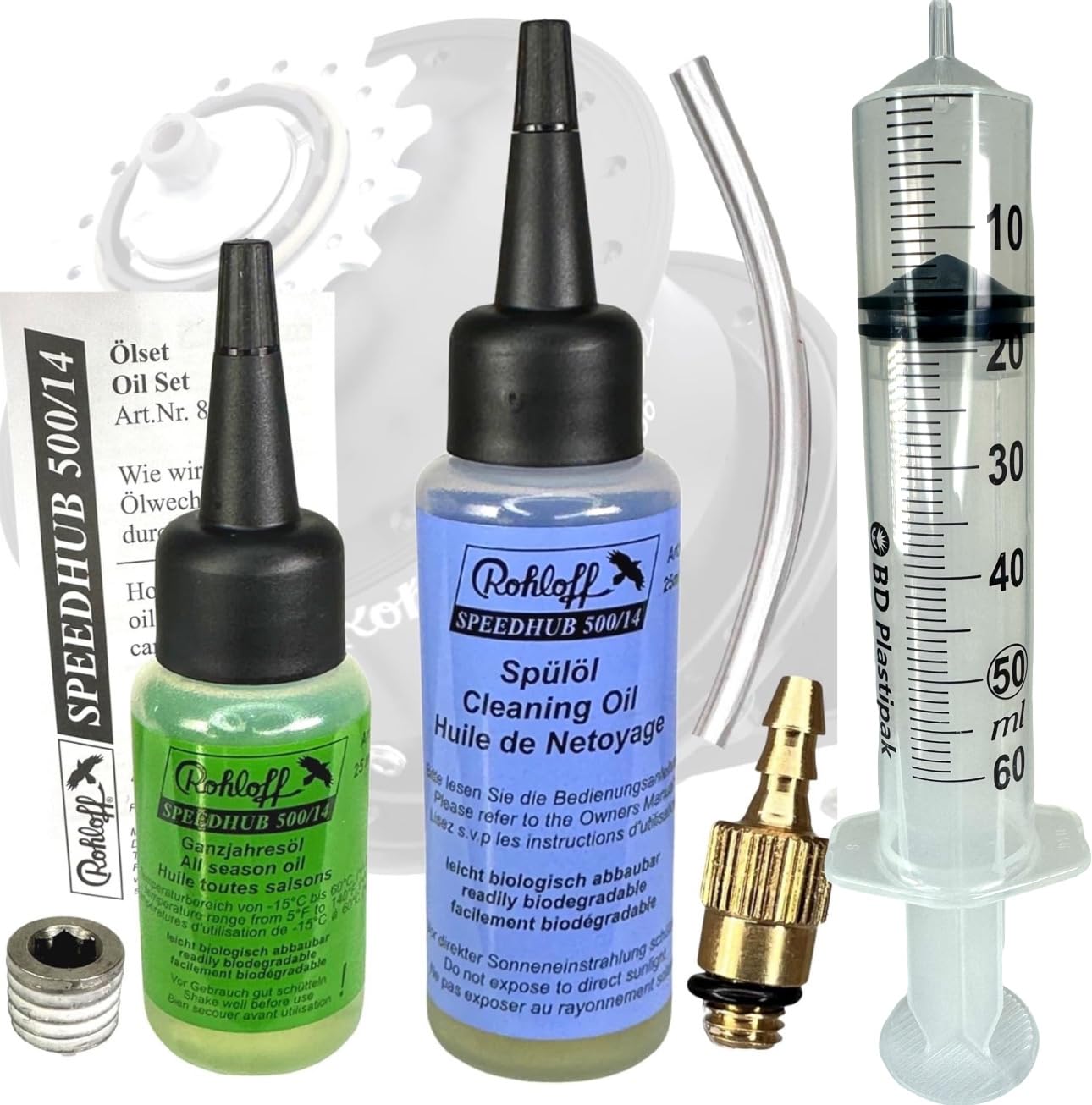 F26 Service Wartungs Kit für Rohloff Oil of Speedhub 500/14 Fahrrad | Getriebenabe + Anschlussschlauch + Ablassschraube M6 + XL Spritze 60ml