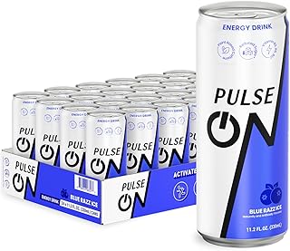 PulseOn Energy Drink- 200mg Natural Caffeine, Taurine and Vitamin B|Blue Razz Ice, Reduced Sugar 11.2 fl oz((Pack of 24)