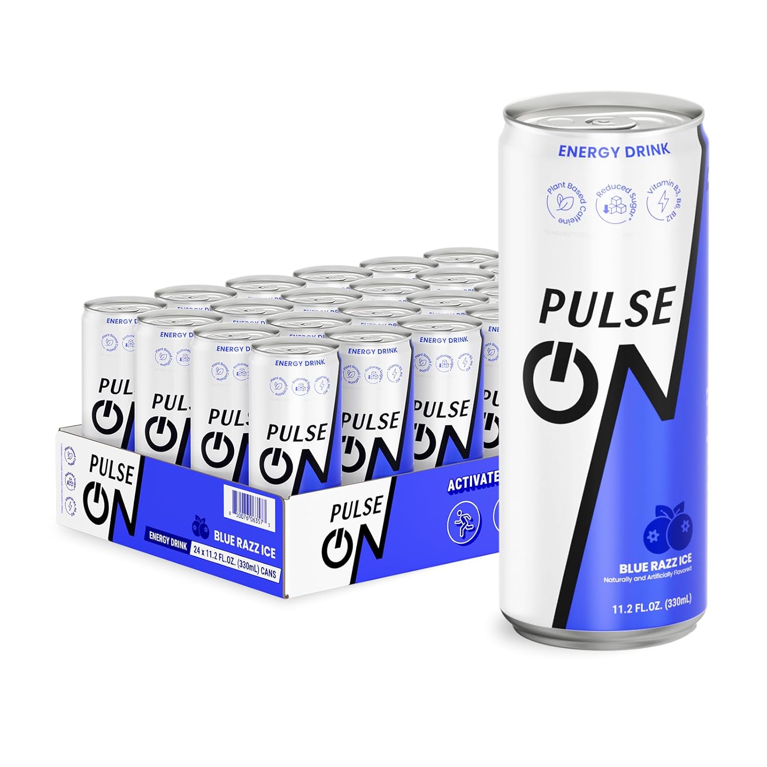 PulseOn Energy Drink- 200mg Natural Caffeine, Taurine and Vitamin B|Blue Razz Ice, Reduced Sugar 11.2 fl oz((Pack of 24)