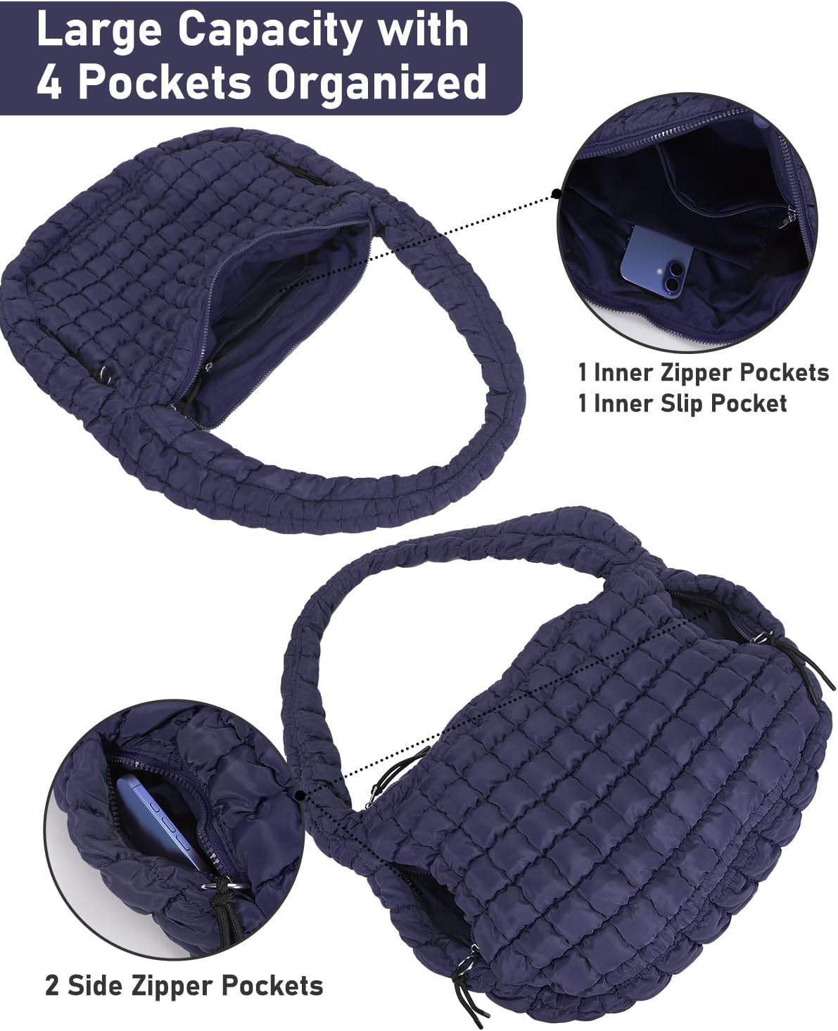Large Quilted Puffer Tote Bag for Women with Mini Pouch Puffy Crossbody Bags Purse Hobo Puff Shoulder Carryall Gym Travel