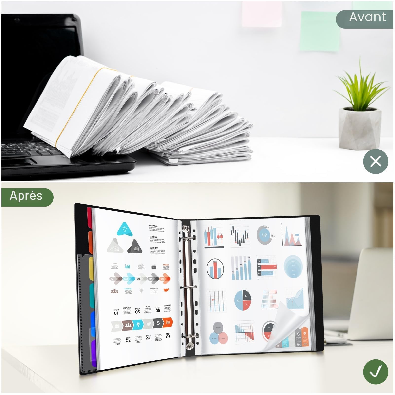 Uquelic Classeur A4 Anneaux avec 50 Pochette Plastique et 6 Pages Intercalaires Colorées, Classeur à Pochettes en Plastique pour Documents, Certificats, Reçus, Noir