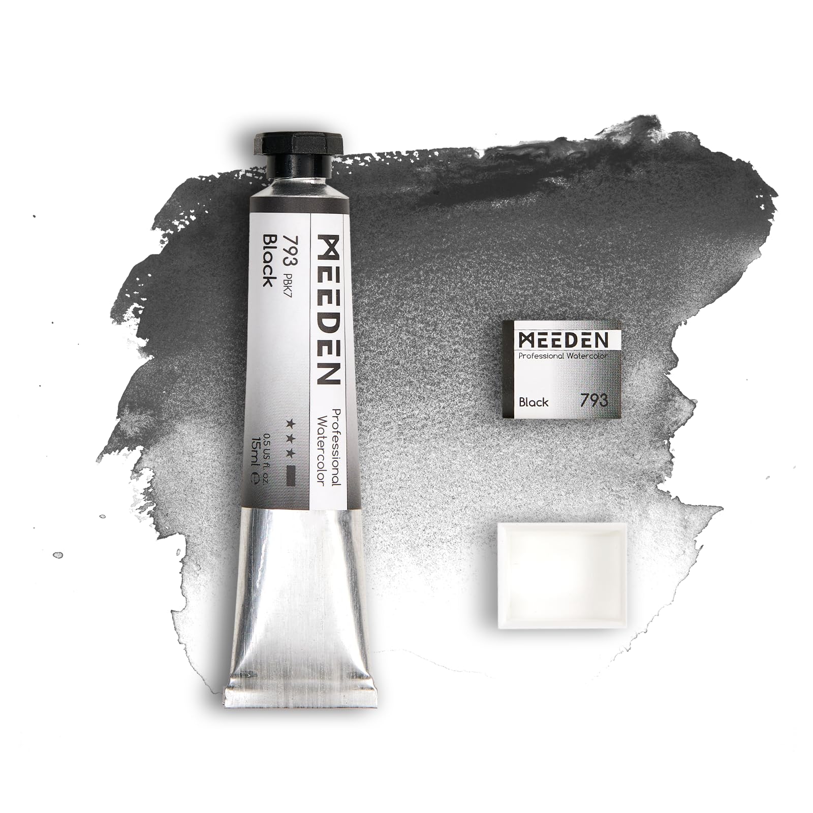 MEEDEN Professional Artist Watercolor Paint: Black - 15ml/0.5oz Water Color Tube, Semi-Moist Pigment Half Pan and Empty Matching Half Pan for Artists Pros