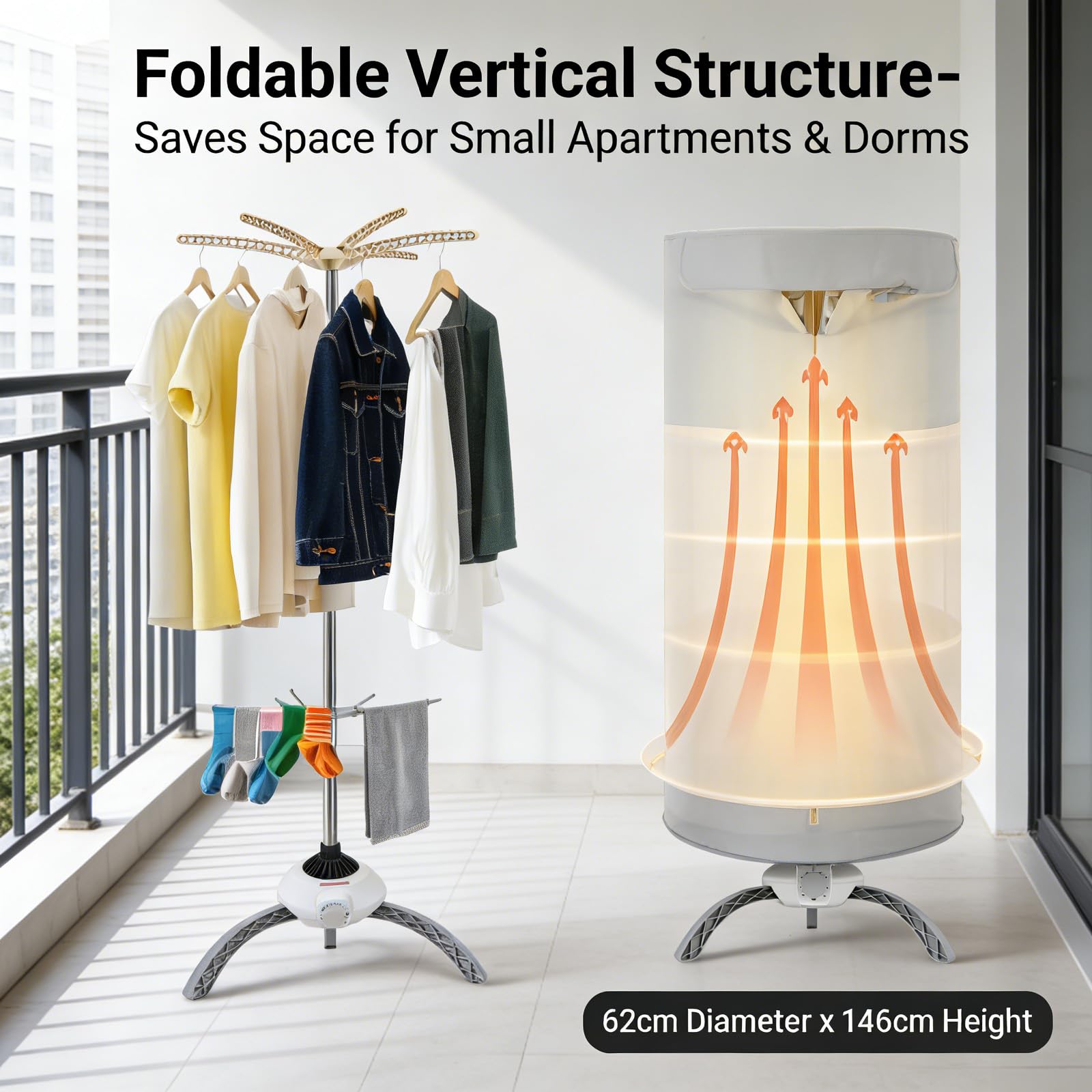 Portable Electric Clothes Dryer, 1000W Compact Clothes Airer with Cover, 2-layer 12kg Indoor Home Dorms Wet Laundry Warm Air Drying, Portable Dryer for Apartment Dorm Travel — view 2