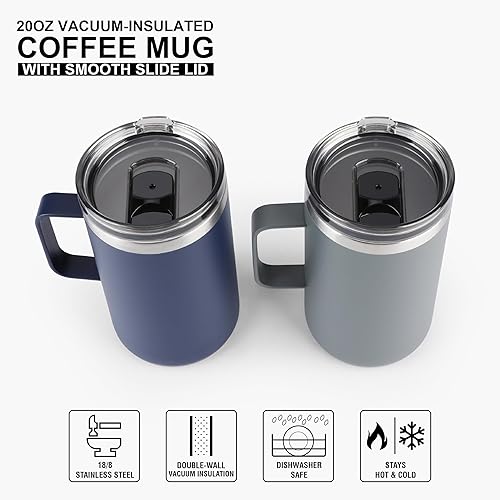 Miniatura 2 de Olympia Tools Juego de tazas de café con asa y tapa, 20 onzas, taza de campamento aislada, paquete de 2, vaso de viaje de acero inoxidable de doble