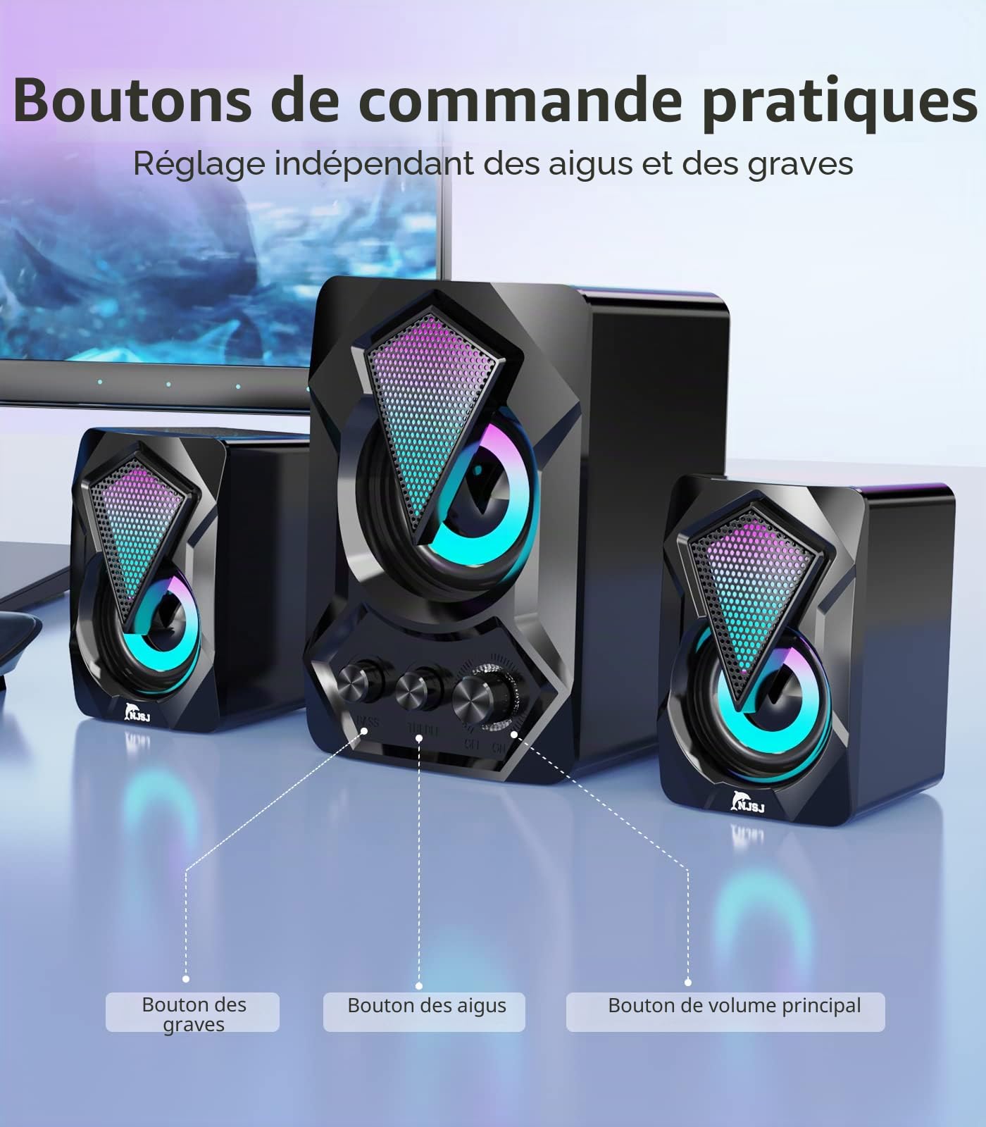 njsj 2.1 Enceinte PC avec Caisson de Basses, Système d'enceintes de Jeu LED RVB Son Riche, Audio 3,5 mm, Basse alimentée par USB pour PC, PS4/5,TV, Smartphone,Tablette,Lecteur