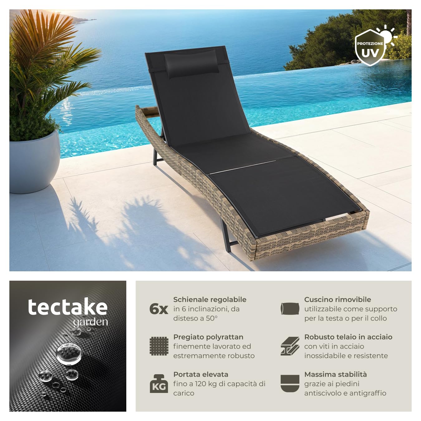tectake® Sdraio in Rattan, Sdraio da Esterno Regolabile in 6 Posizioni, Traspirante, Telaio in Acciaio, Antiscivolo e Antigraffio, Cuscino Poggiatesta Incluso - Naturale