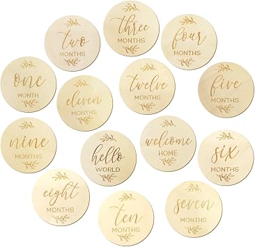 7Pcs Baby Milestone Cards, Wooden Double Sided Monthly Milestone Discs, 10cm Round Baby Age Signs, Hello & Welcome Newborn Announcement Plaques, Gift for Infant Photo Props & Nursery Decor