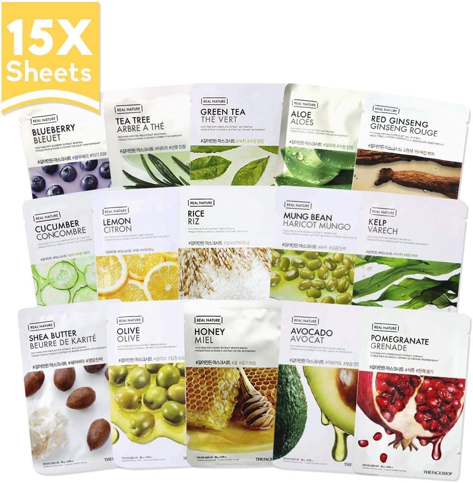 The Face Shop Real Nature Facial Mask Sheets (15 Pack) - Natural Ingredients for a Radiant Complexion | Korean Skincare