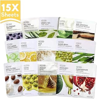 The Face Shop Facial Mask Sheets (15 Treatments), Real Nature Full Face Masks Peel Off Disposable Sheet (Pack of 15), Anti Aging Firming Moisturizing Essence