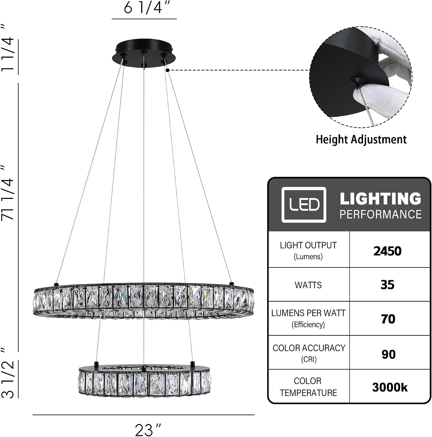 MEXO Crystal Chandeliers 2-Tier Modern Black LED Chandelier Adjustable LED Ceiling Light Fixtures Black Hanging Pendant Lights for Living Room Dining Room
