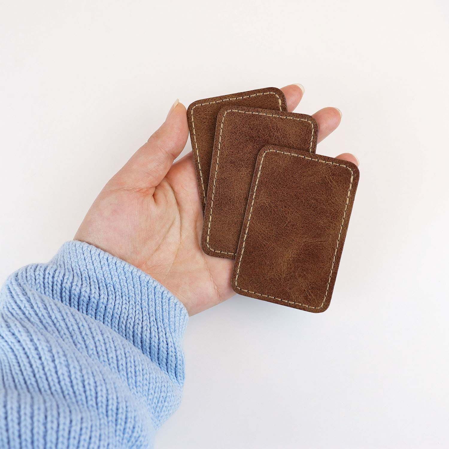 10 Pcs Blank Leatherette Hat Patches with Adhesive Rectangle Leather Iron On Patch for Laser Engraving Faux Leather Patches for Hats 3 x 2 Inches Custom Fabric Repair Sew Laser Supplies (Brown)
