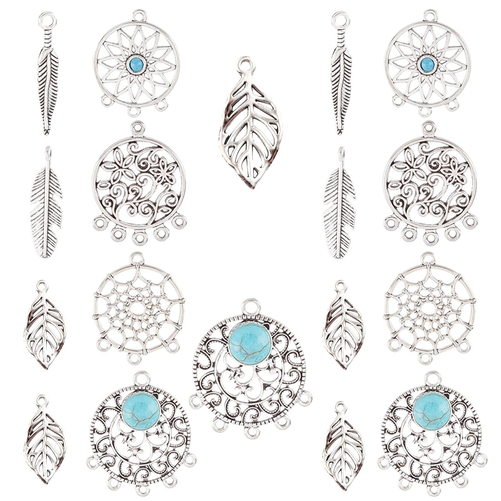 SUNNYCLUE 1 Box 104Pcs 8 Style Bohemian Feather Dream Catcher Charms Leaf Chandelier Components Links for DIY Key Chain Bracelet Necklace Earring Jewelry Making Findings, Antique Silver