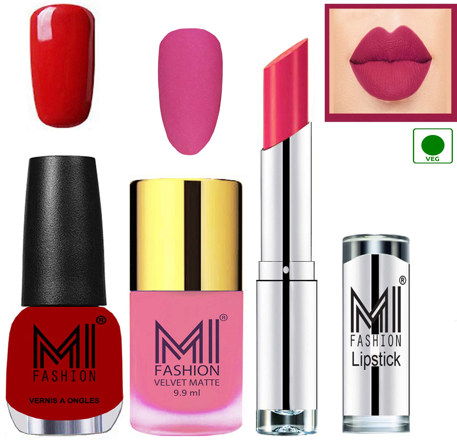 MI Fashion Nail Polish and Lipstick Combo - Baby Pink Matte,Rouge Red Shine and Magenta