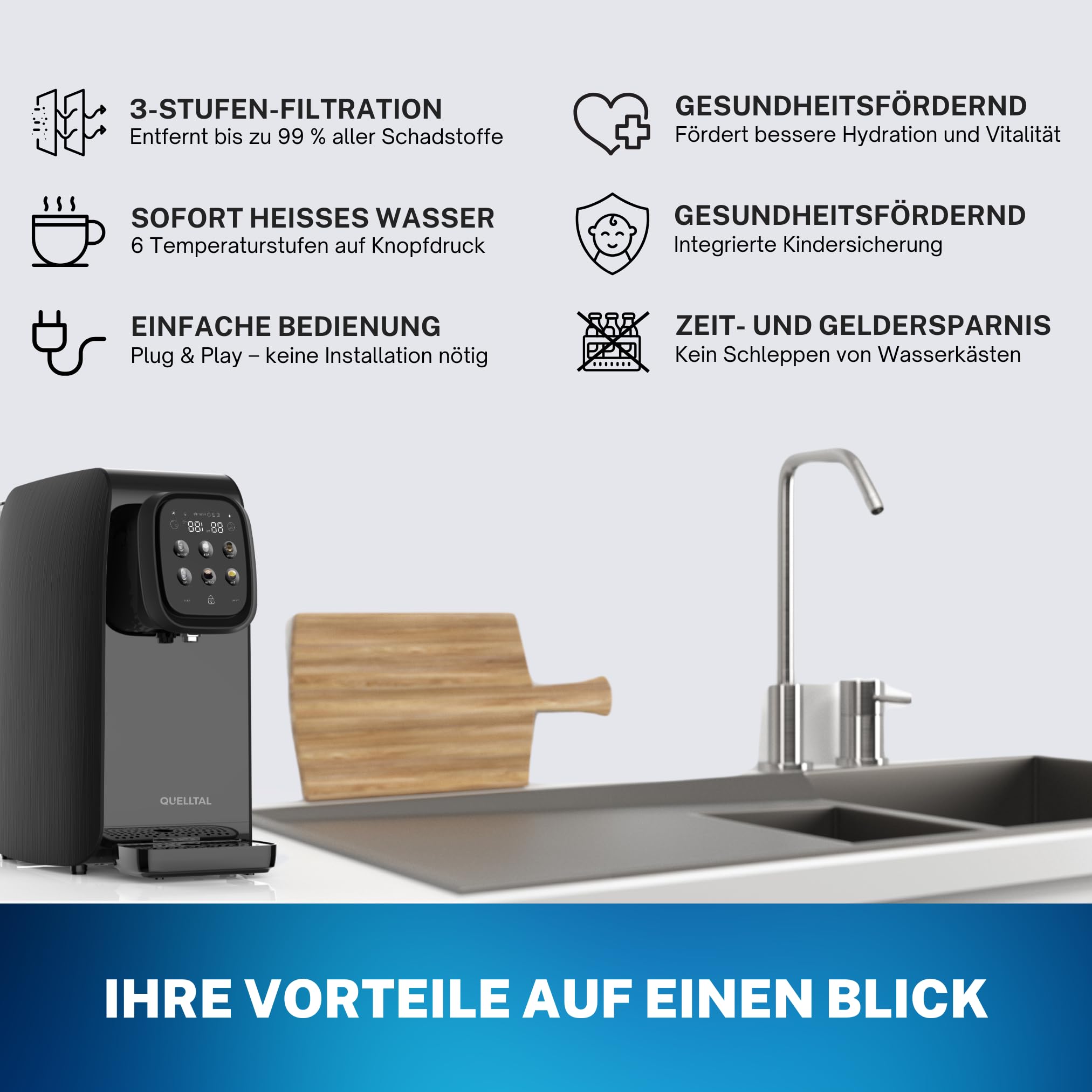Pro 5-in-1 Osmoseanlage [Schwarz | 6 Temperaturstufen | 5 Filterstufen] – Mobiler Wasserfilter ohne Anschluss – Umkehrosmose für Küche, Büro & Wohnmobil – Kalkfreies, reines Trinkwasser