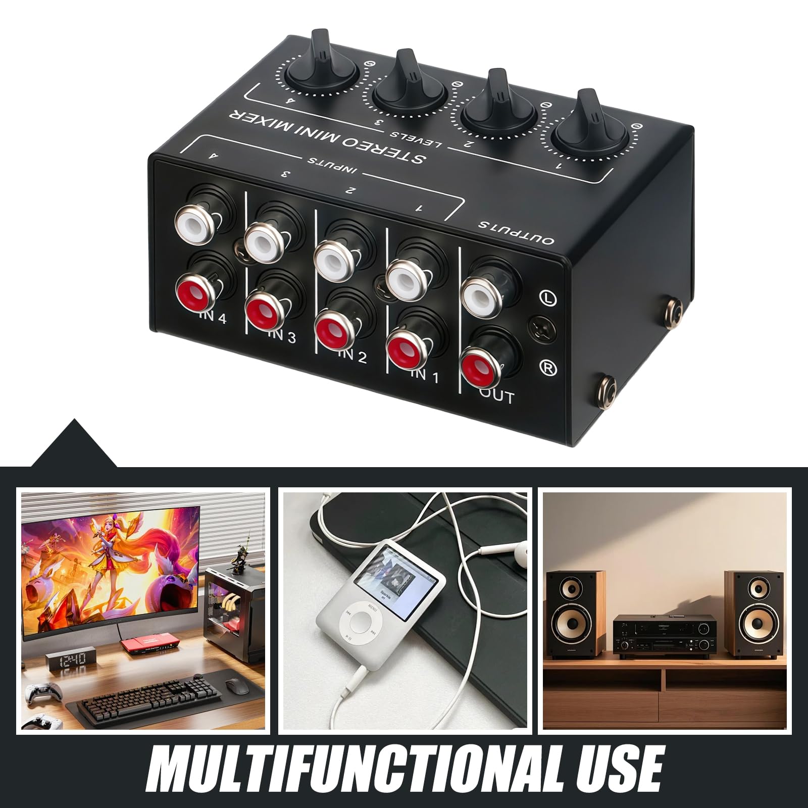 Aux Audio Switcher 4 en 1 Out, canal mezclador pasivo compacto, mezclador pasivo portátil, mezclador de audio estéreo pasivo, para estudio en casa y actuaciones en directo