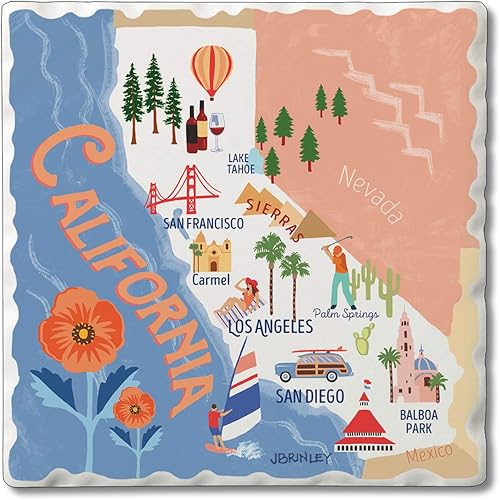 Thirstystone California Attractions - Paquete de 4 posavasos absorbentes de piedra con respaldo de corcho protector de 4 pulgadas, cuadrados