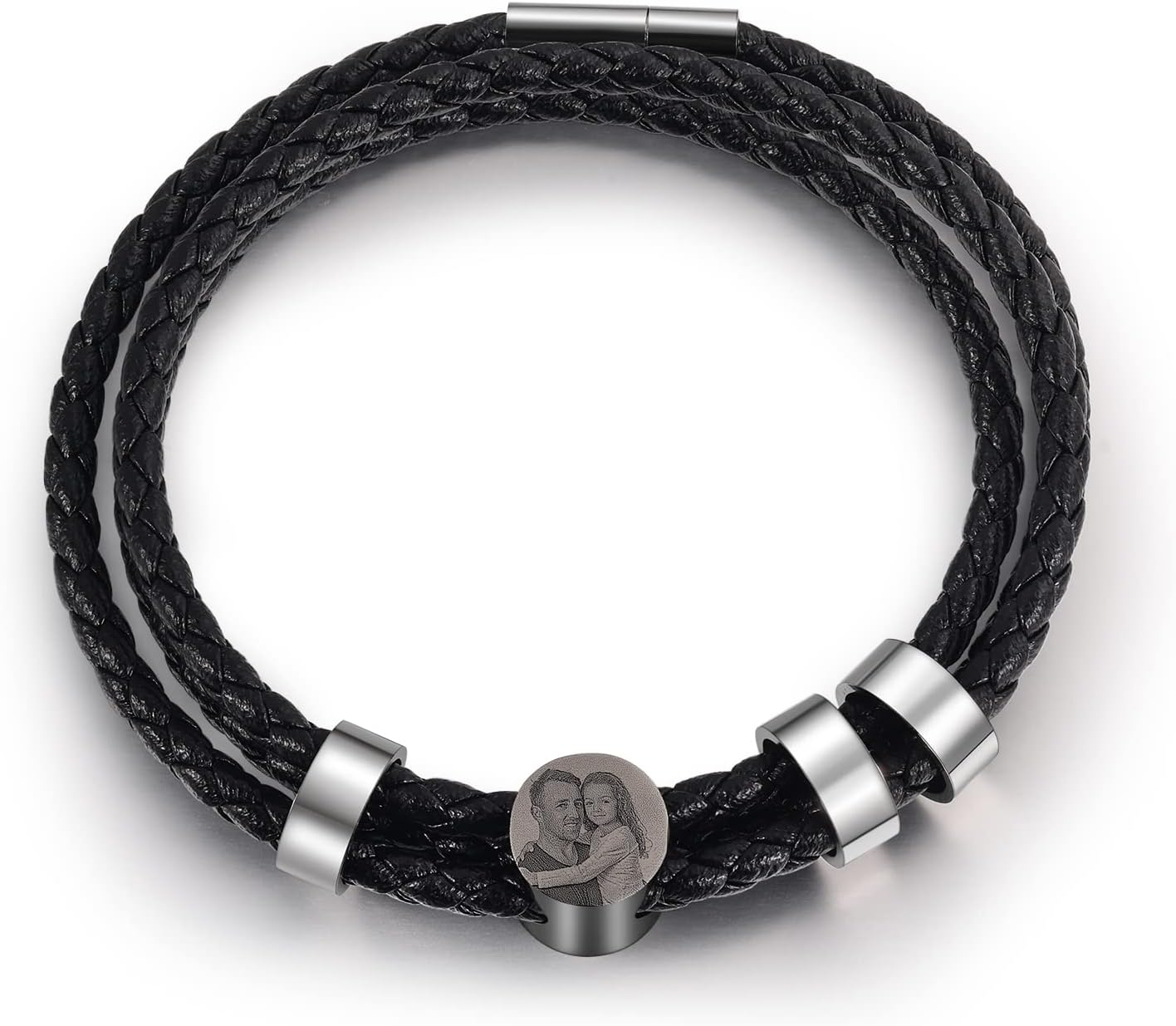 Personalized Braided Leather Bracelet with Photo Custom 2-6 Name Beads Fathers Day Cuff Bangle Gifts for Men Dad Husband Grandpa