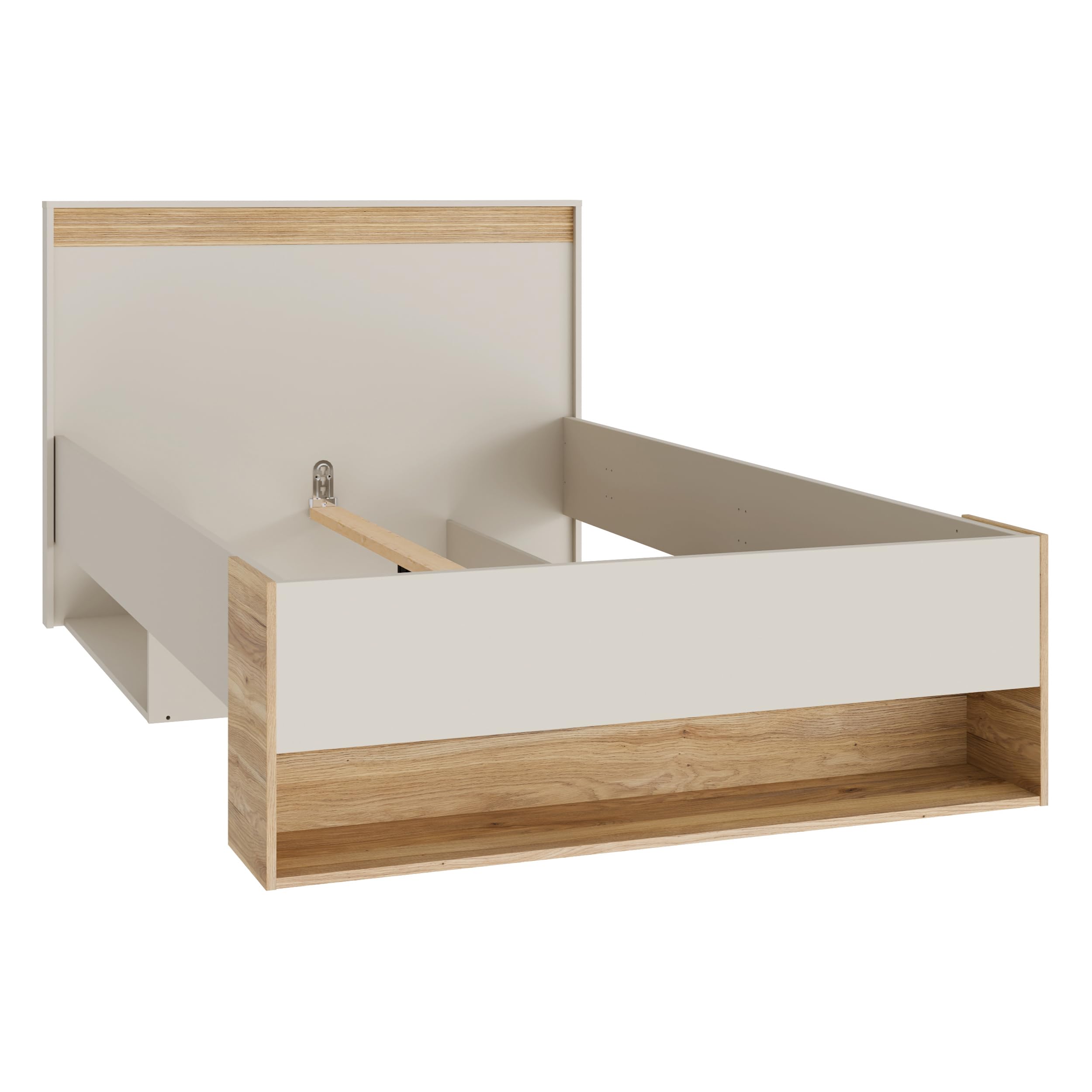 Forte WEXLIN Bettgestell, Liegefläche 120 x 200 cm, modernes Bett mit Schublade und Regal, Kinder- und Jugendzimmer,Kaschmir|Beige|Mauvella Eiche Holzdekor, 130 cm breit x 96,3 cm hoch x 210,8 cm tief
