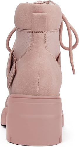 Miniatura 5 de REDTOP Botas de combate para mujer con suela de cuña de tacón grueso, botas hasta el tobillo con cordones, hebilla, zapatos casuales