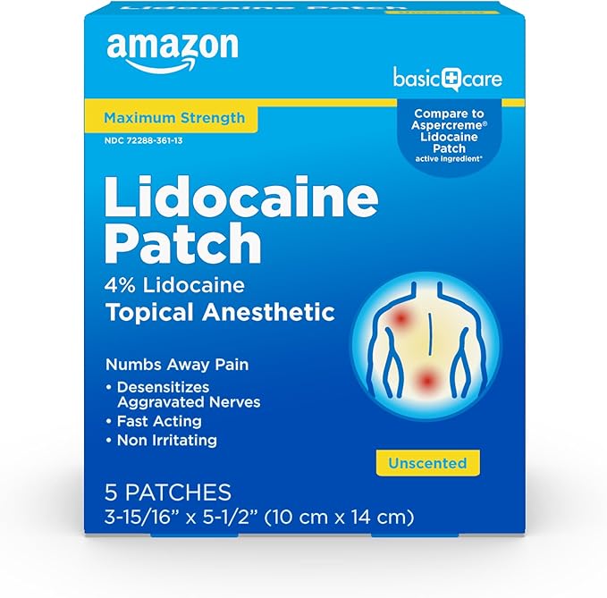 Amazon Basic Care Lidocaine Patch, 4 Lidocaine, Topical Anesthetic, Desensitizes