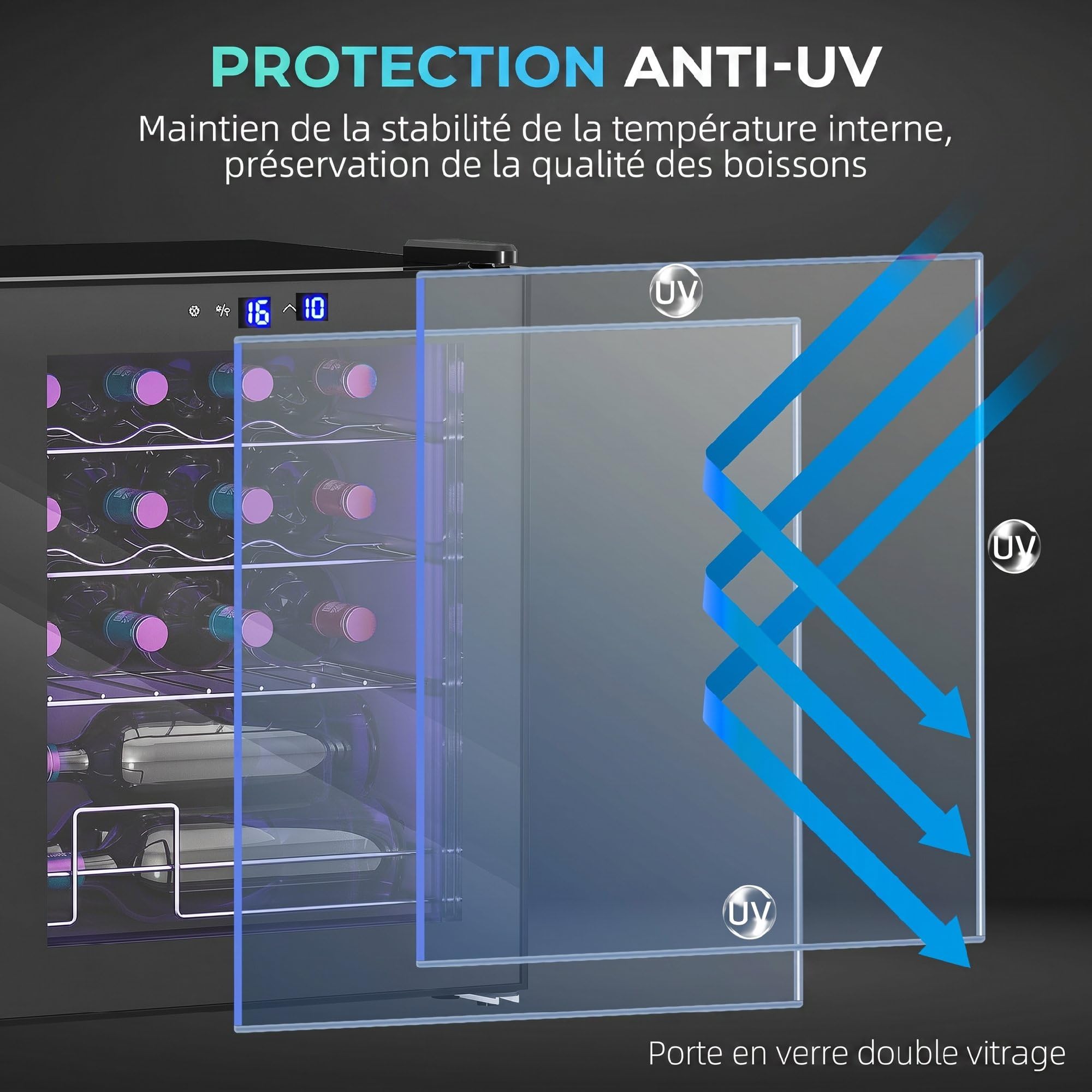 HOMCOM Cave à Vin 16 Bouteilles 42L, Réfrigérateur à Vin et Boissons avec Température Réglable 5-18°C, Porte en Verre Trempé, Étagères Ajustables, Écran Tactile, Éclairage LED, Noir