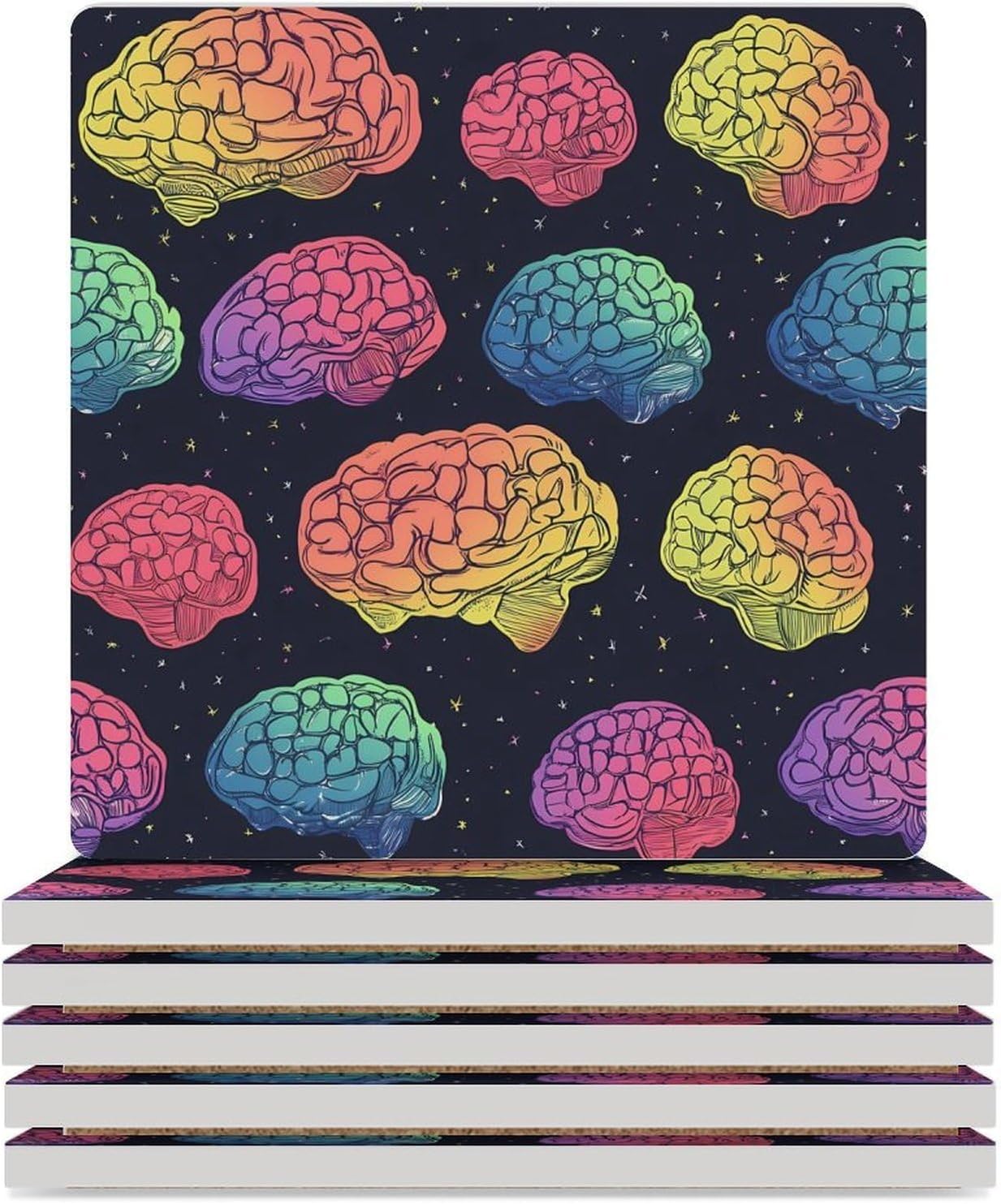 Rainbow Brains Pattern Funny Ceramic Coasters for Drinks Absorbent Cup Holder Tabletop Protector with Cork Base