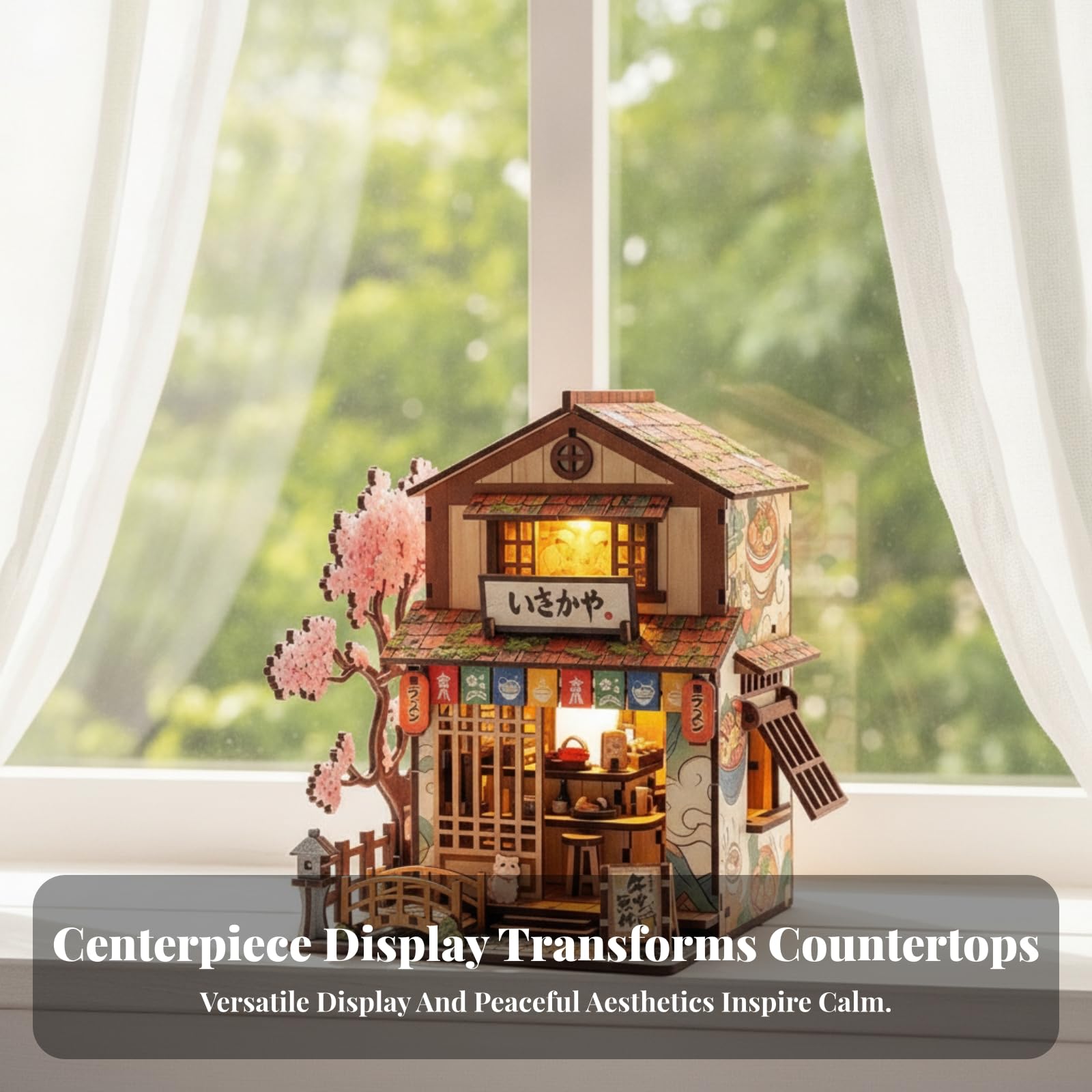 Miniatura Edificio Blocchi Costruzione Kit Modello Casa Vetrina Ornamento Tavolo Illuminazione Calda Legno con Tetto a Strati Finestre a Porta Insegna
