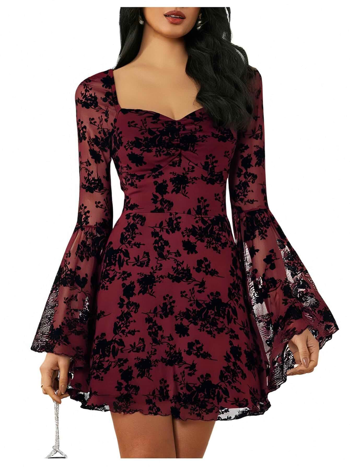 WDIRARA Women's Floral Jacquard Gothic Bell Long Sleeve Dress | Mesh , A Line, Vintage