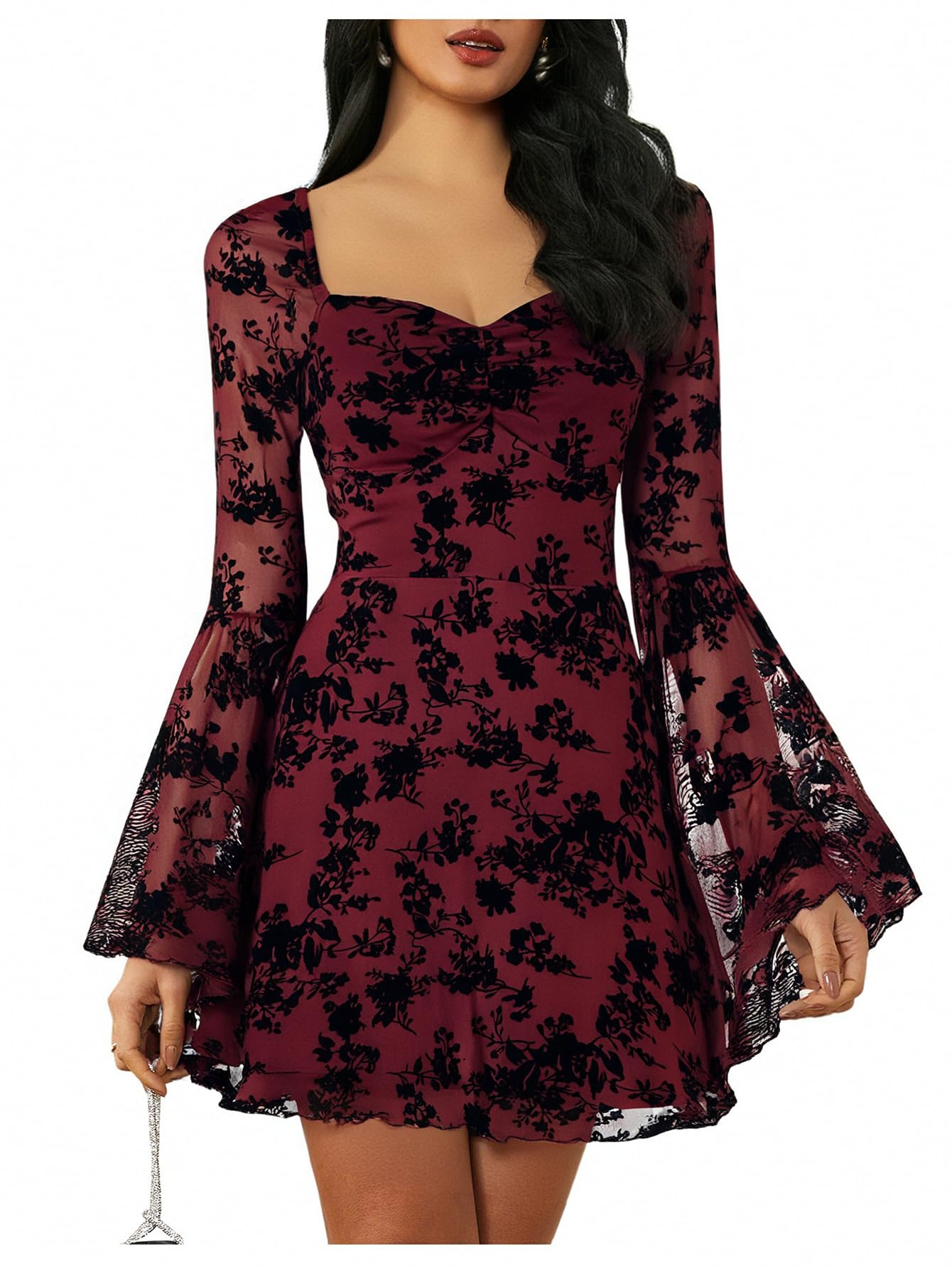 WDIRARA Women's Floral Jacquard Mesh Gothic Dress
