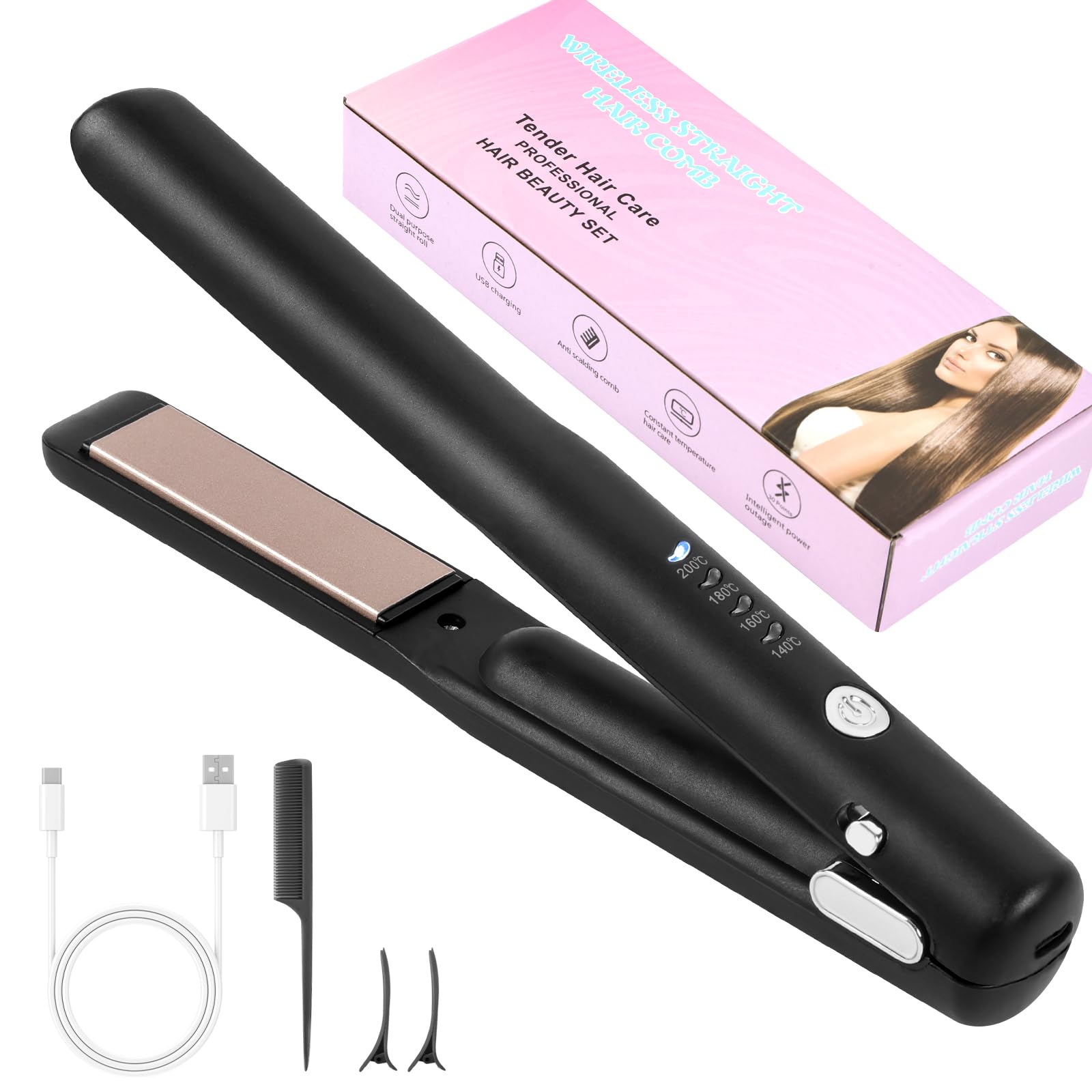 Lisseur Cheveux Sans Fil,2 en 1 Céramique Lisseur Boucleur Cheveux 4 Température,Température Réglable 140°C-200°C,Lisseur Boucleur pour Femme Vacances, Voyages, Camping Styling,Noir