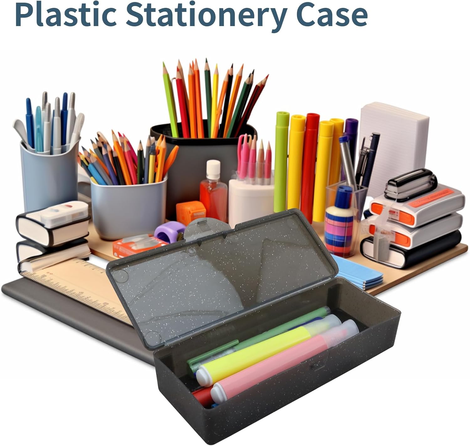 2PCS Large Capacity Pencil Box Plastic Pencil Case (Frosted Black)